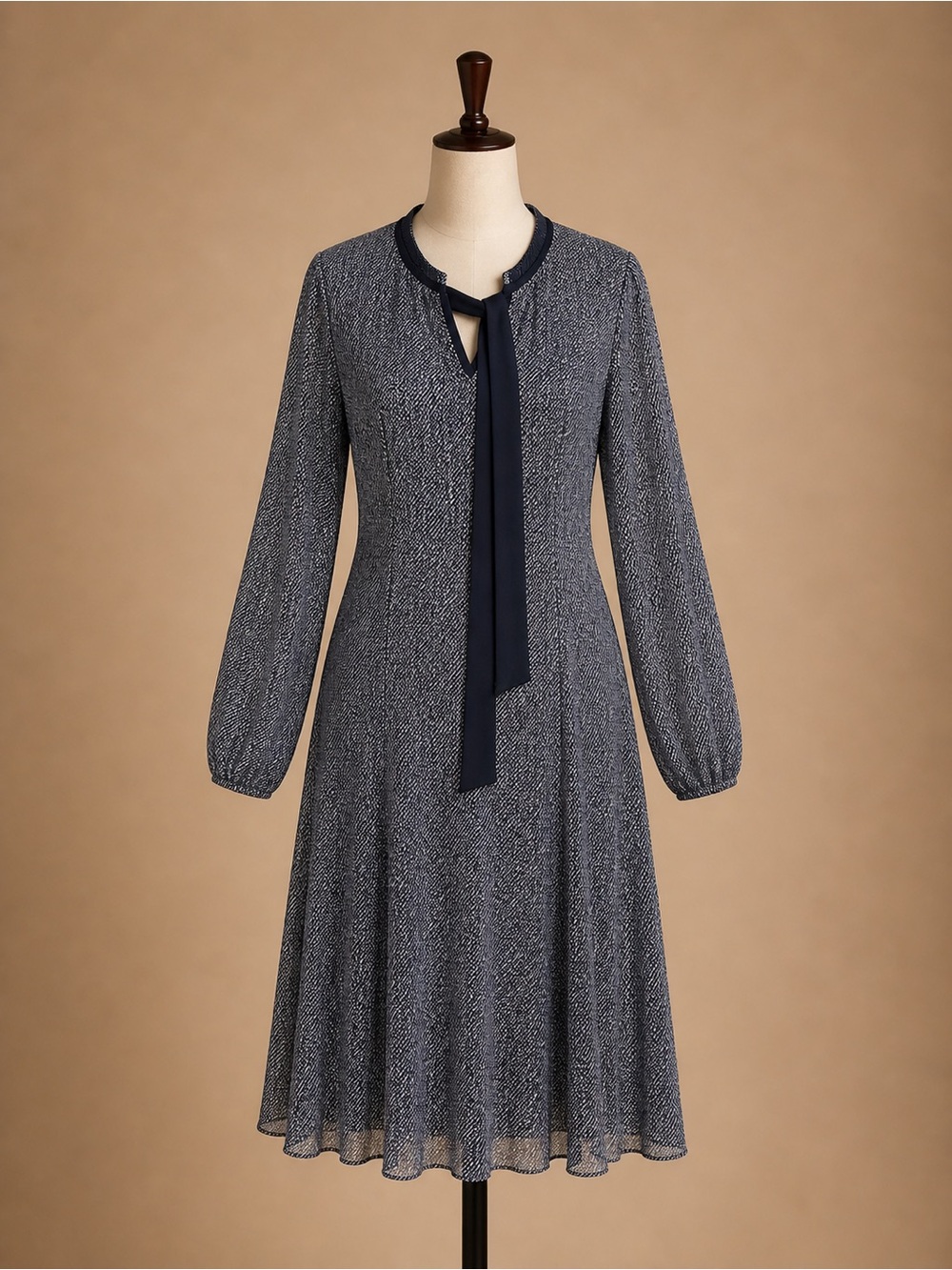 DKNY Navy Long-Sleeve Tie-Neck A-Line Dress
